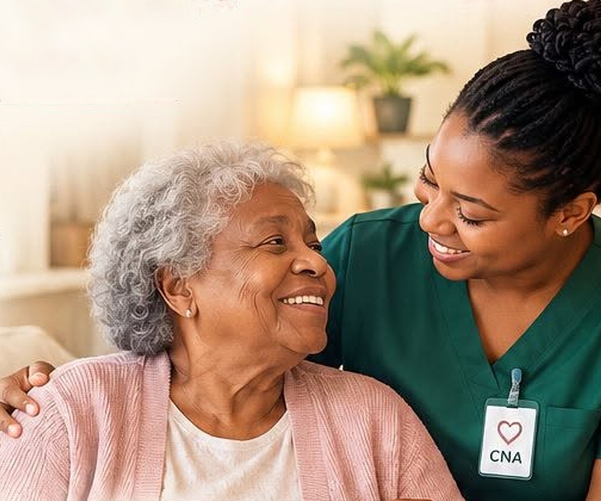 A caregiver and an older woman share a warm, reassuring moment at home.